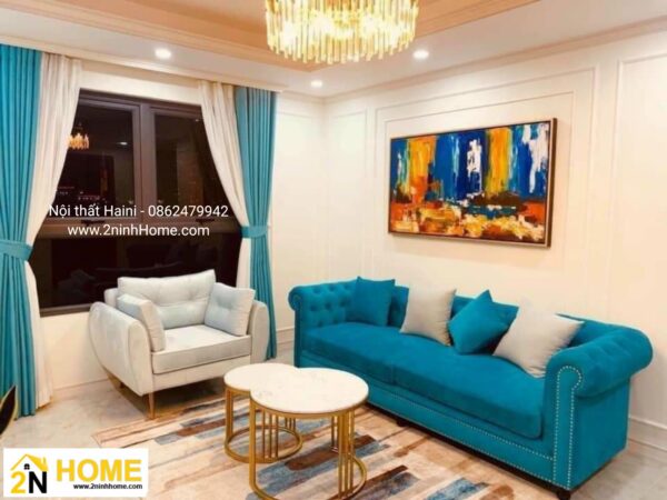 Bộ Sofa Tân cổ điển bọc nỉ màu xanh lam, mã SF003