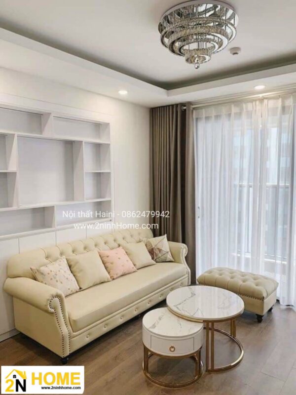 Bộ Sofa Tân cổ điển bọc da cao cấp, màu trắng kem, Mã SF015