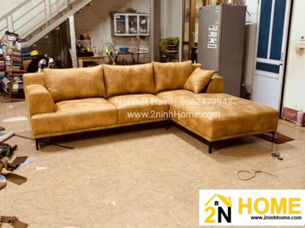 Bộ Sofa góc chữ L, bọc da màu vàng loang, mã SF017