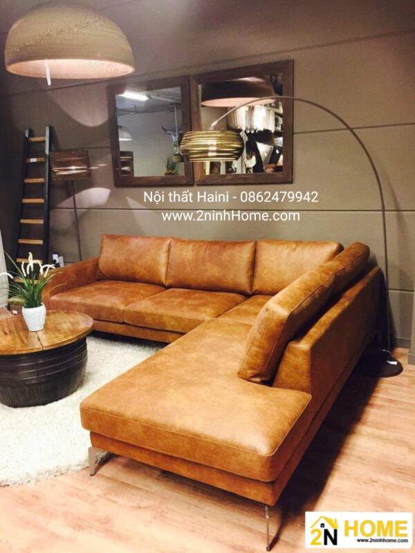 Bộ Sofa góc chữ L, bọc da màu vàng loang, mã SF016