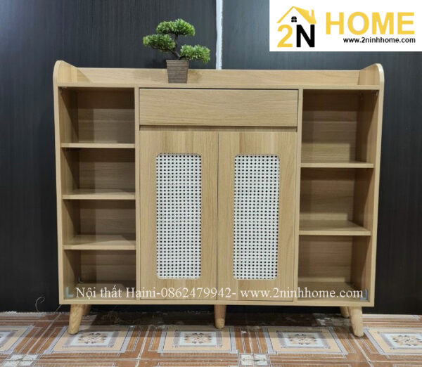 Tủ giày gỗ công nghiệp dài 1m2 phối cánh đan mây mẫu mới