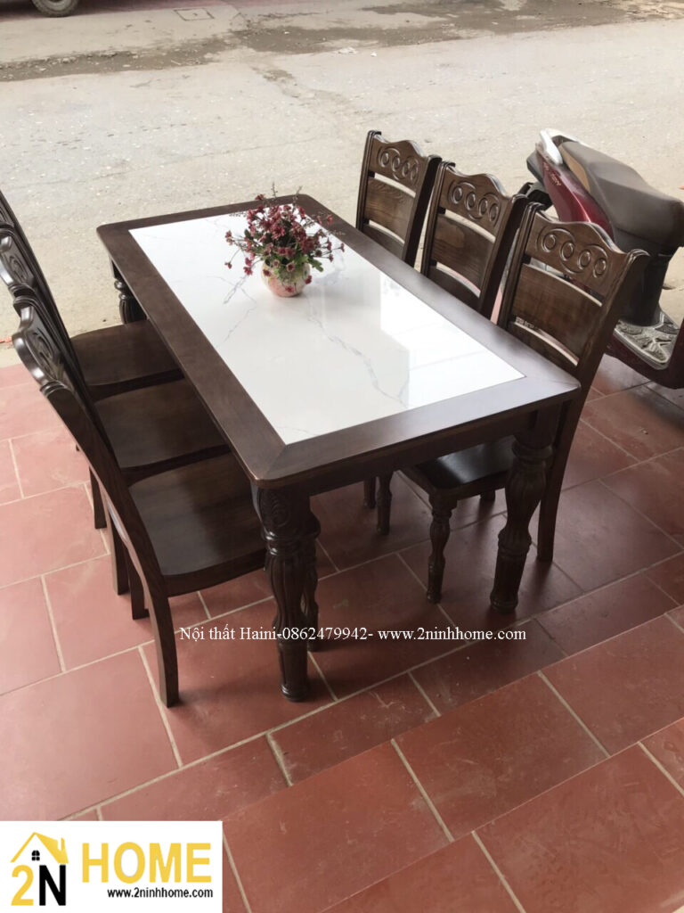 Bàn ăn gỗ tự nhiên sồi tựa cong mặt đá