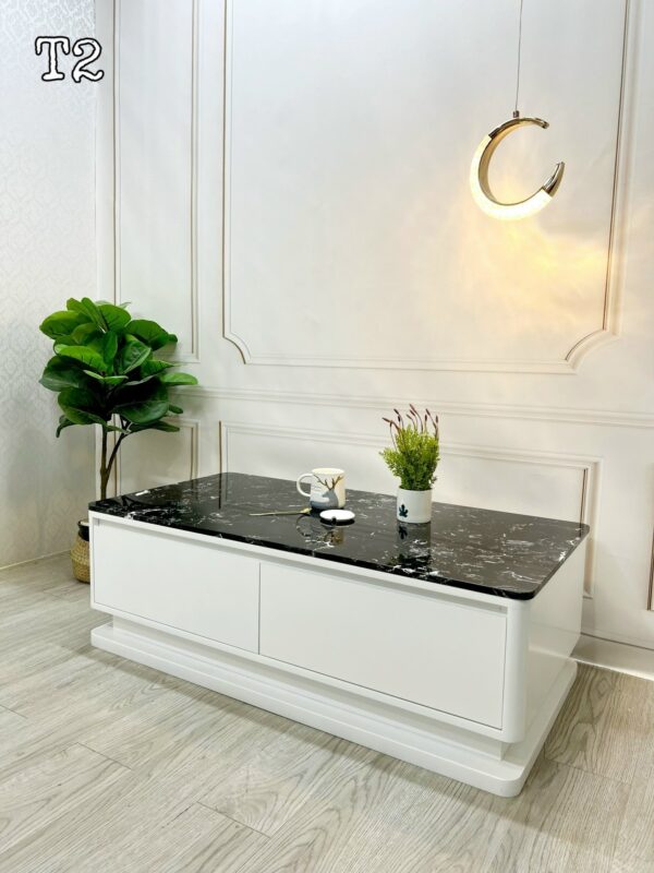 Bàn trà gỗ hình hộp chữ nhật, 2 tầng, 2 ngăn kéo mặt kính hiện đại, mã BT-T2