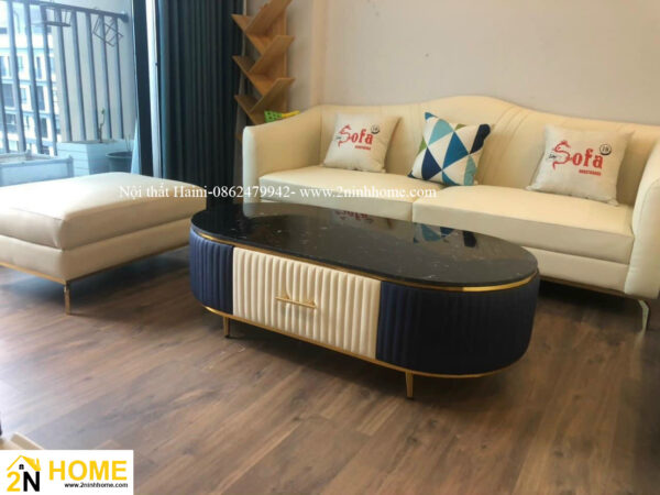 Bàn trà Hình Elip bọc nỉ kết hợp chi tiết trang trí vàng nổi bật