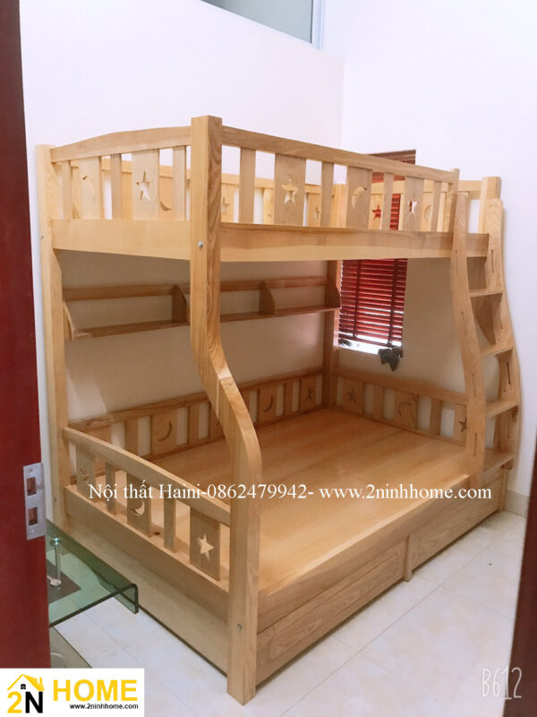 Giường tầng cho bé bằng gỗ tự nhiên thang leo, mã GT001