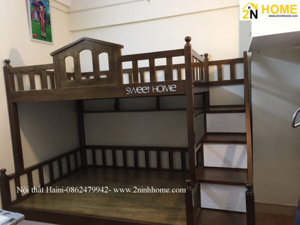 Giường tầng cho bé bằng gỗ tự nhiên có bậc cầu thang, mã GT004