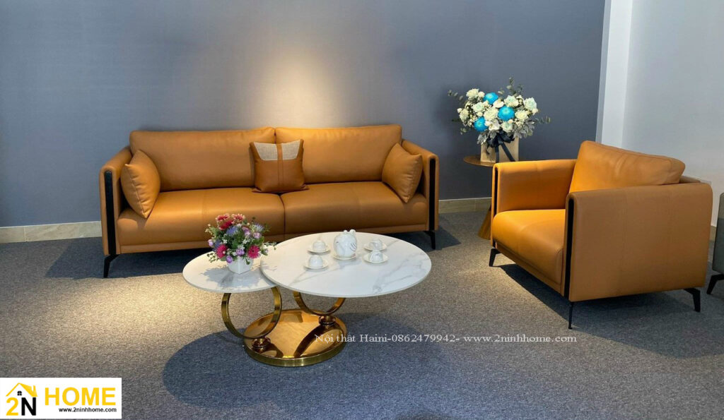 Sofa màu nâu vàng kèm ghế đơn
