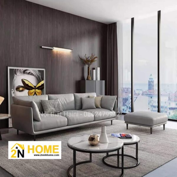 Sofa văng bọc da cao cấp màu xám ghi cho phòng khách sang trọng