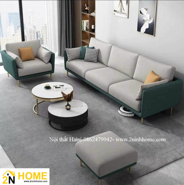 Bộ Sofa văng 2 ghế màu xanh lam kèm đệm và đôn màu xám ghi. dành cho phòng khách cao cấp